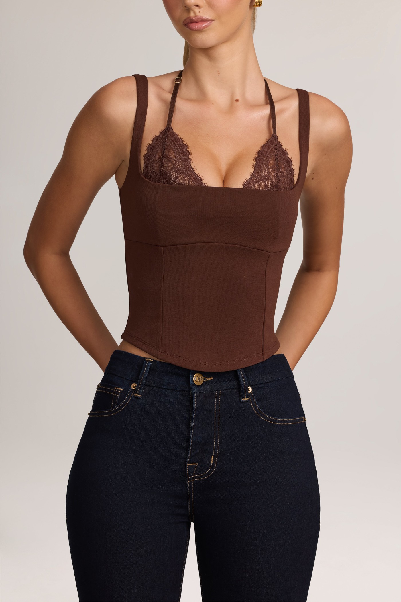 Ponte Peekabo Lace Tank Top in Cocoa Brown view 4